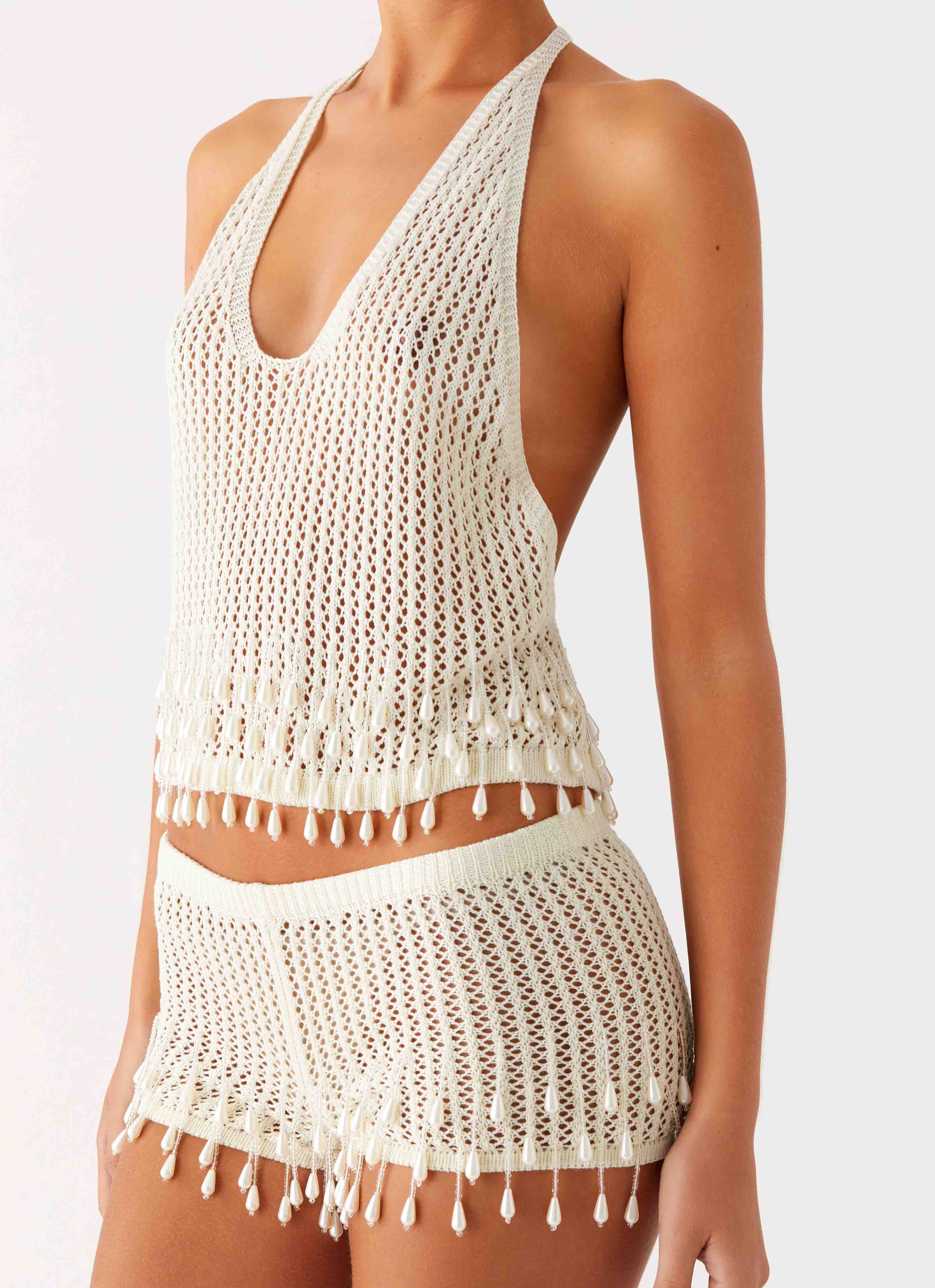 Pearl Shore Beaded Crochet Top - Ivory