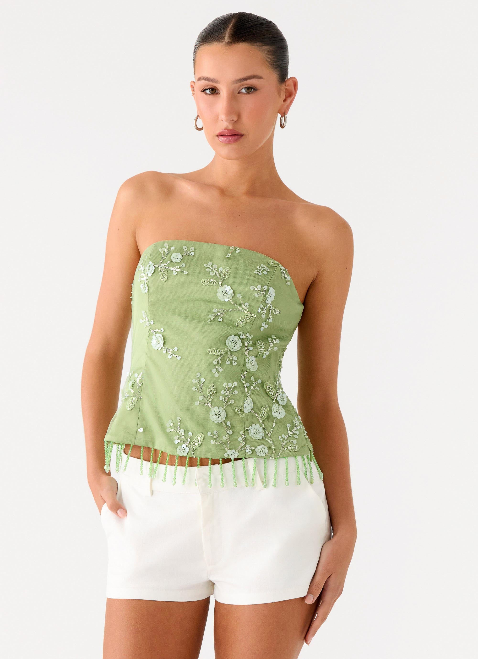 Sea Garden Beaded Strapless Top - Green